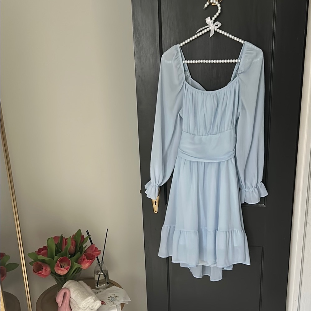 Light Blue Long Sleeve Dress with Bow Tied Keyhole Back